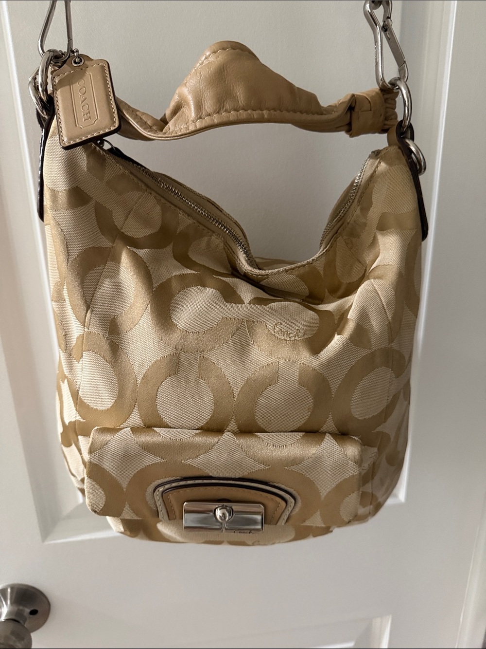 Coach Beige Signature Canvas Hobo with Leather Trim